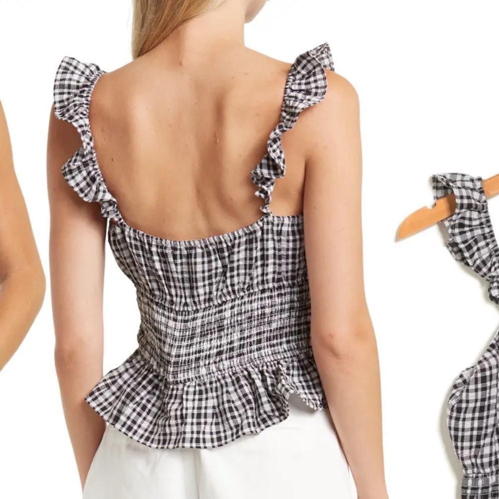 WAYF Check Smocked Waist Top Black White XL - Picture 9 of 10
